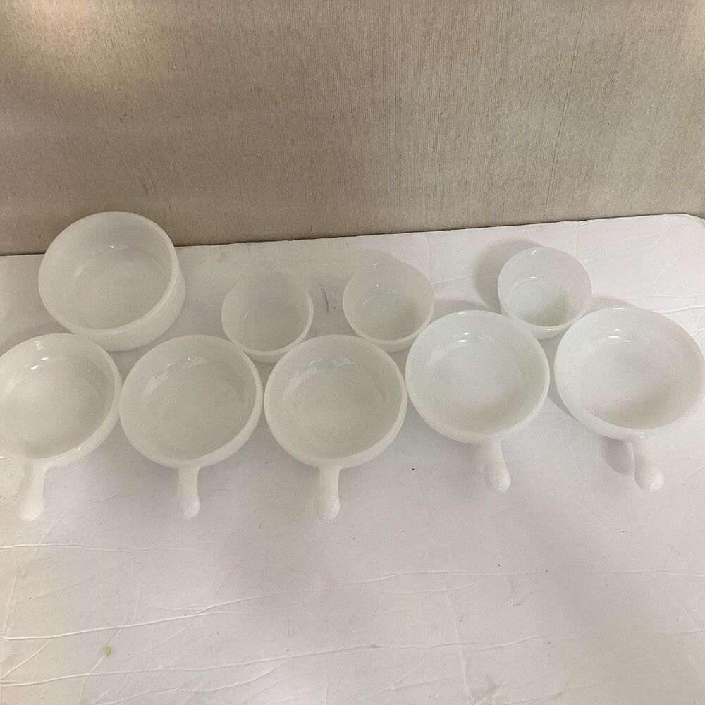 vintage glasbake milk glass soup bowl set of 9 different sizes